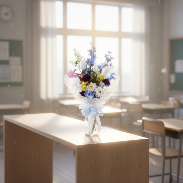 【贈答・贈呈用花束・造花花束・花束ギフト】スイートピーとチューリップのアーティフィシャルフラワーブーケ/ブルーミックス