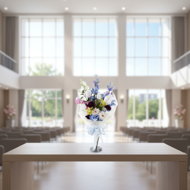 【贈答・贈呈用花束・造花花束・花束ギフト】スイートピーとチューリップのアーティフィシャルフラワーブーケ/ブルーミックス