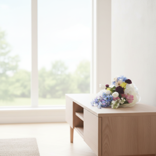 【贈答・贈呈用花束・造花花束・花束ギフト】スイートピーとチューリップのアーティフィシャルフラワーブーケ/ブルーミックス