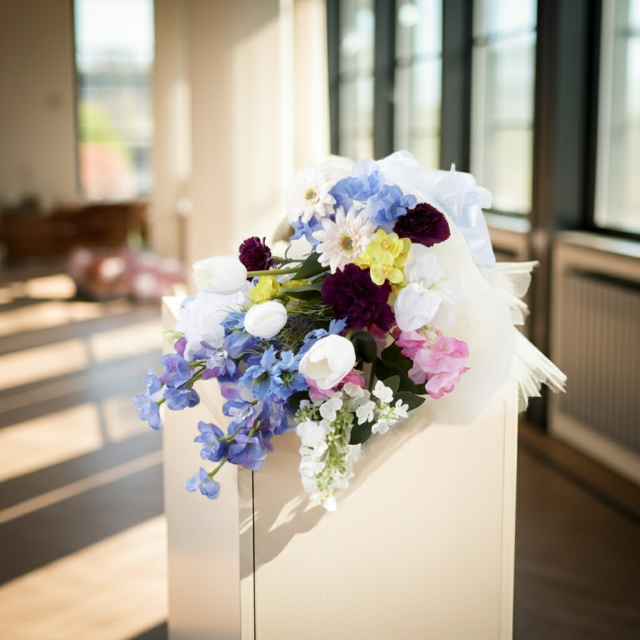 【贈答・贈呈用花束・造花花束・花束ギフト】スイートピーとチューリップのアーティフィシャルフラワーブーケ/ブルーミックス