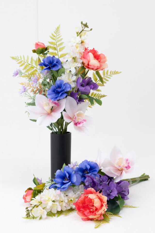 【洋風仏花】高級造花 供花（左右1対セット）特大49cm 蘭 ピオニー シンビジューム（室内にも映える贅沢仕立て お盆 お彼岸 命日 法事）
