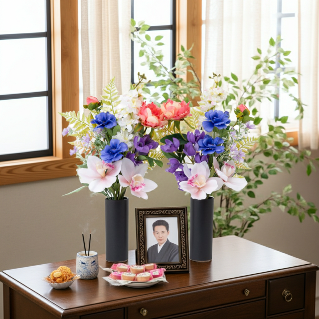 【洋風仏花】高級造花 供花（左右1対セット）特大49cm 蘭 ピオニー シンビジューム（室内にも映える贅沢仕立て お盆 お彼岸 命日 法事）