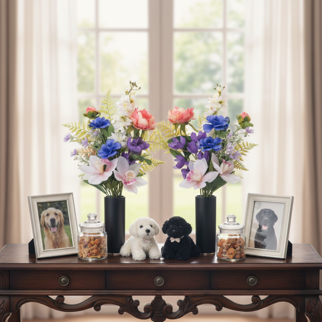【洋風仏花】高級造花 供花（左右1対セット）特大49cm 蘭 ピオニー シンビジューム（室内にも映える贅沢仕立て お盆 お彼岸 命日 法事）