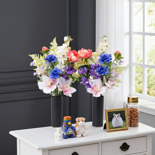 【洋風仏花】高級造花 供花（左右1対セット）特大49cm 蘭 ピオニー シンビジューム（室内にも映える贅沢仕立て お盆 お彼岸 命日 法事）