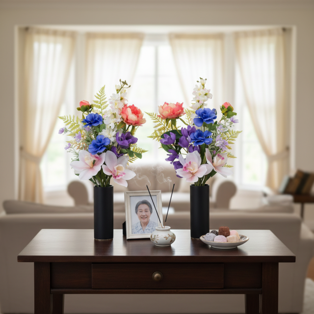 【洋風仏花】高級造花 供花（左右1対セット）特大49cm 蘭 ピオニー シンビジューム（室内にも映える贅沢仕立て お盆 お彼岸 命日 法事）