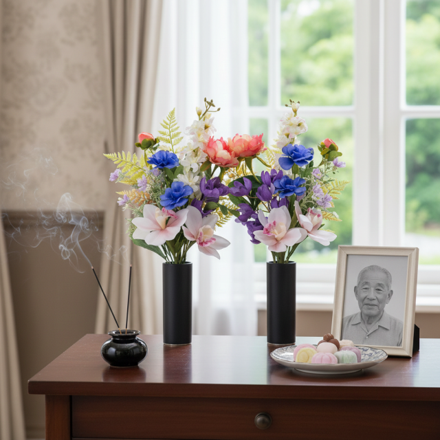 【洋風仏花】高級造花 供花（左右1対セット）特大49cm 蘭 ピオニー シンビジューム（室内にも映える贅沢仕立て お盆 お彼岸 命日 法事）