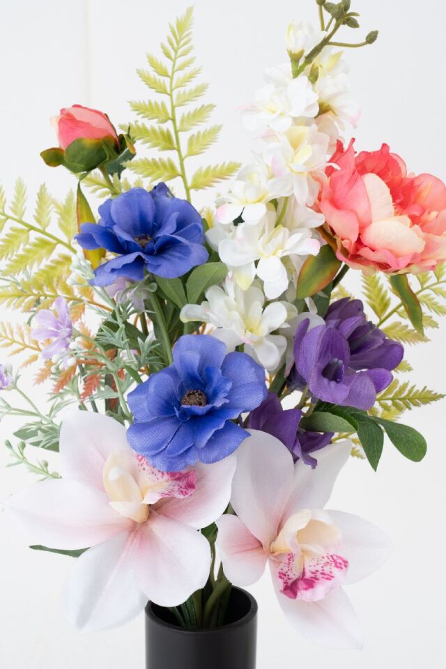 【洋風仏花】高級造花 供花（左右1対セット）特大49cm 蘭 ピオニー シンビジューム（室内にも映える贅沢仕立て お盆 お彼岸 命日 法事）
