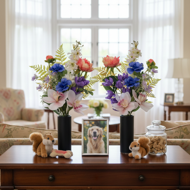 【洋風仏花】高級造花 供花（左右1対セット）特大49cm 蘭 ピオニー シンビジューム（室内にも映える贅沢仕立て お盆 お彼岸 命日 法事）
