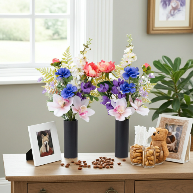 【洋風仏花】高級造花 供花（左右1対セット）特大49cm 蘭 ピオニー シンビジューム（室内にも映える贅沢仕立て お盆 お彼岸 命日 法事）