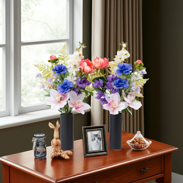 【洋風仏花】高級造花 供花（左右1対セット）特大49cm 蘭 ピオニー シンビジューム（室内にも映える贅沢仕立て お盆 お彼岸 命日 法事）