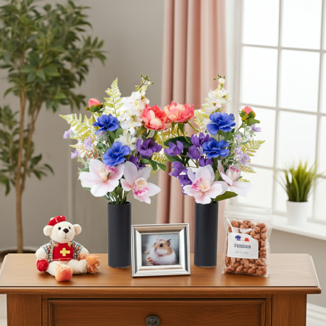 【洋風仏花】高級造花 供花（左右1対セット）特大49cm 蘭 ピオニー シンビジューム（室内にも映える贅沢仕立て お盆 お彼岸 命日 法事）