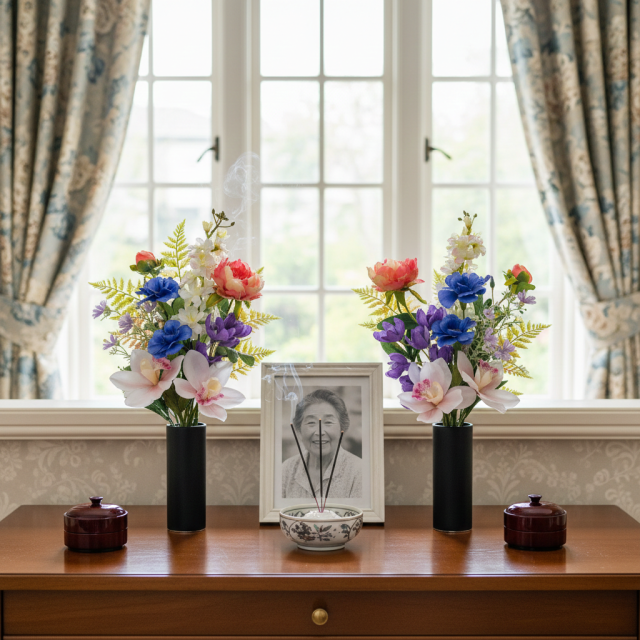 【洋風仏花】高級造花 供花（左右1対セット）特大49cm 蘭 ピオニー シンビジューム（室内にも映える贅沢仕立て お盆 お彼岸 命日 法事）