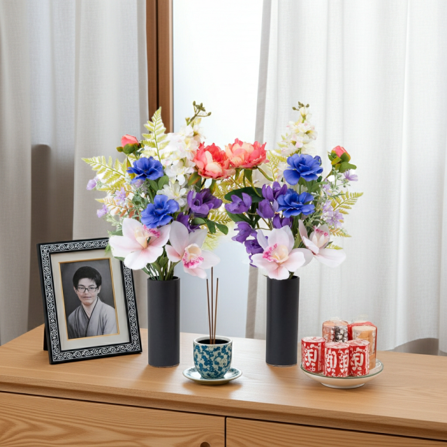 【洋風仏花】高級造花 供花（左右1対セット）特大49cm 蘭 ピオニー シンビジューム（室内にも映える贅沢仕立て お盆 お彼岸 命日 法事）