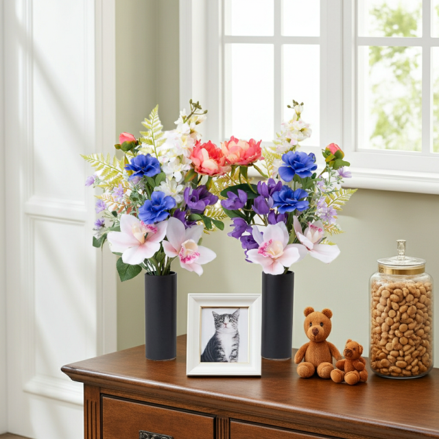 【洋風仏花】高級造花 供花（左右1対セット）特大49cm 蘭 ピオニー シンビジューム（室内にも映える贅沢仕立て お盆 お彼岸 命日 法事）