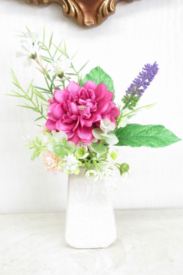 【アーティフィシャルフラワー・造花 お仏壇向けリトル仏花・供花】ラベンダーとダリアのミニ供花−1束タイプ