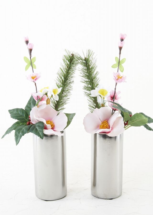 【造花 お正月・迎春用ミニ供花】椿と松のリトル仏花セット/ピンク（左右１対）