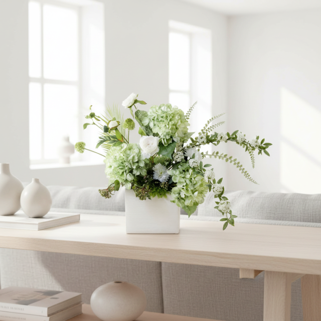 【造花・和モダン・和風アレンジメント】紫陽花と小手毬のジャパニーズモダンアレンジメント