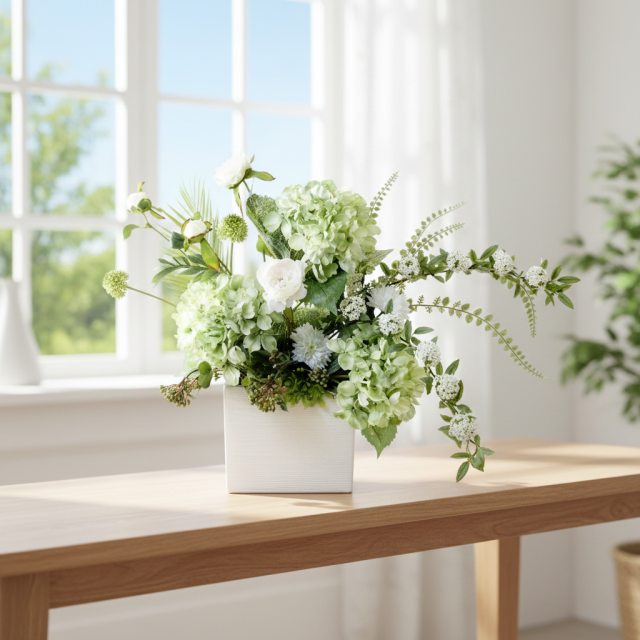 【造花・和モダン・和風アレンジメント】紫陽花と小手毬のジャパニーズモダンアレンジメント