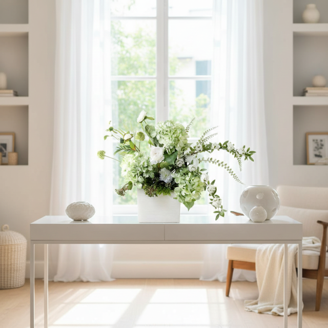 【造花・和モダン・和風アレンジメント】紫陽花と小手毬のジャパニーズモダンアレンジメント