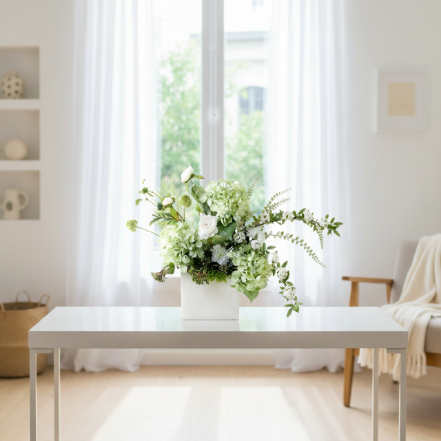 【造花・和モダン・和風アレンジメント】紫陽花と小手毬のジャパニーズモダンアレンジメント