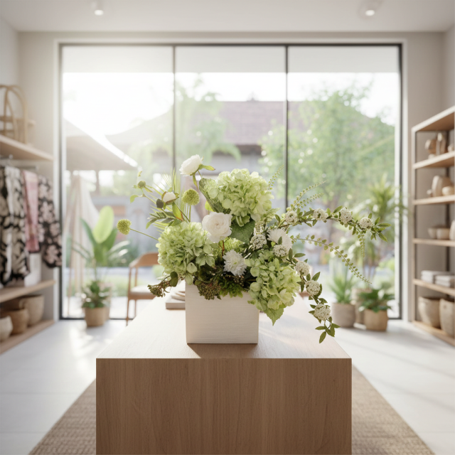 【造花・和モダン・和風アレンジメント】紫陽花と小手毬のジャパニーズモダンアレンジメント