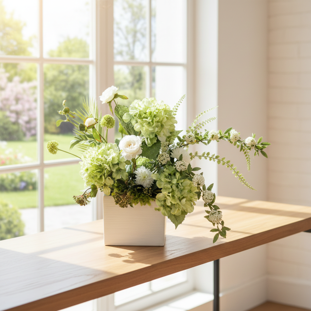 【造花・和モダン・和風アレンジメント】紫陽花と小手毬のジャパニーズモダンアレンジメント