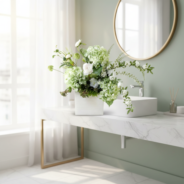 【造花・和モダン・和風アレンジメント】紫陽花と小手毬のジャパニーズモダンアレンジメント