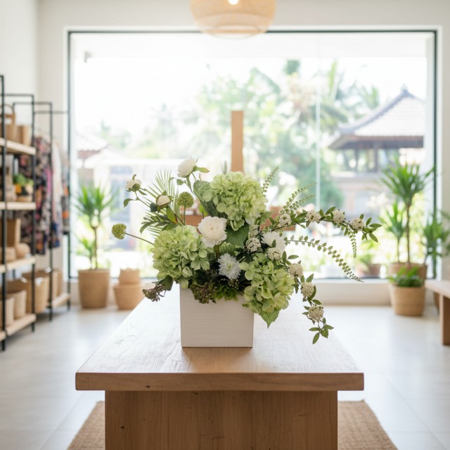 【造花・和モダン・和風アレンジメント】紫陽花と小手毬のジャパニーズモダンアレンジメント