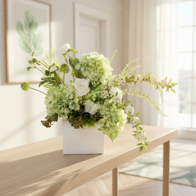 【造花・和モダン・和風アレンジメント】紫陽花と小手毬のジャパニーズモダンアレンジメント