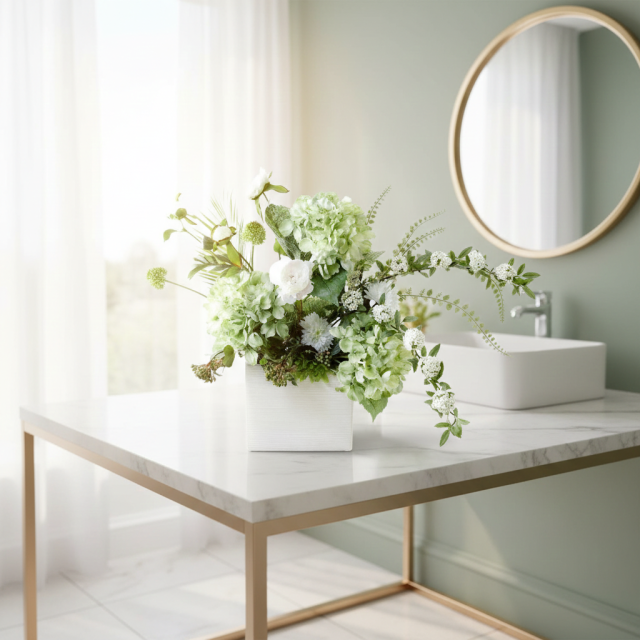 【造花・和モダン・和風アレンジメント】紫陽花と小手毬のジャパニーズモダンアレンジメント