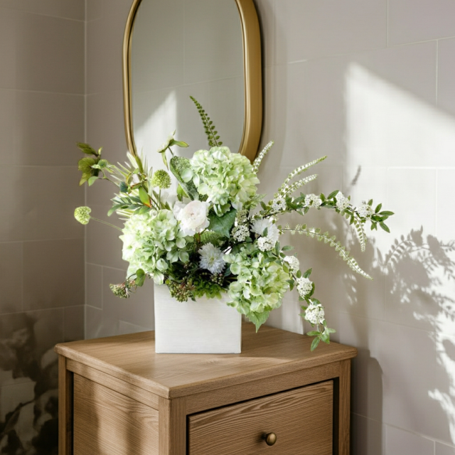 【造花・和モダン・和風アレンジメント】紫陽花と小手毬のジャパニーズモダンアレンジメント