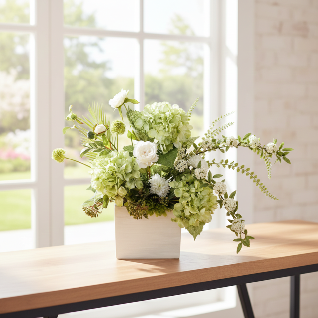 【造花・和モダン・和風アレンジメント】紫陽花と小手毬のジャパニーズモダンアレンジメント