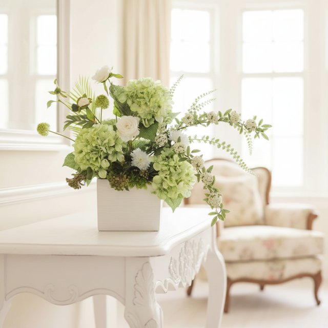 【造花・和モダン・和風アレンジメント】紫陽花と小手毬のジャパニーズモダンアレンジメント