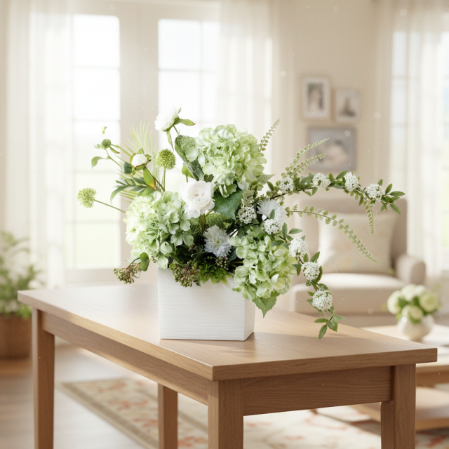 【造花・和モダン・和風アレンジメント】紫陽花と小手毬のジャパニーズモダンアレンジメント