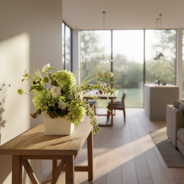 【造花・和モダン・和風アレンジメント】紫陽花と小手毬のジャパニーズモダンアレンジメント