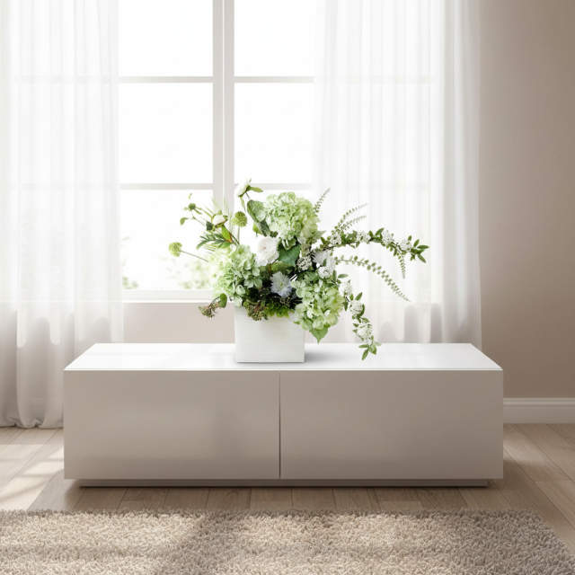 【造花・和モダン・和風アレンジメント】紫陽花と小手毬のジャパニーズモダンアレンジメント