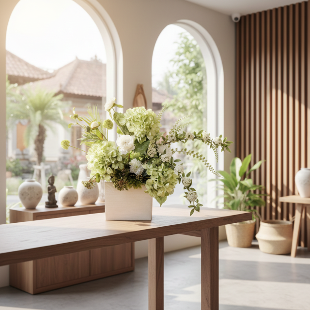 【造花・和モダン・和風アレンジメント】紫陽花と小手毬のジャパニーズモダンアレンジメント