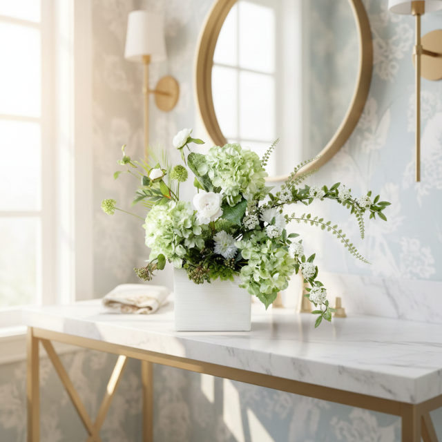 【造花・和モダン・和風アレンジメント】紫陽花と小手毬のジャパニーズモダンアレンジメント