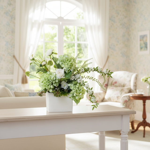 【造花・和モダン・和風アレンジメント】紫陽花と小手毬のジャパニーズモダンアレンジメント