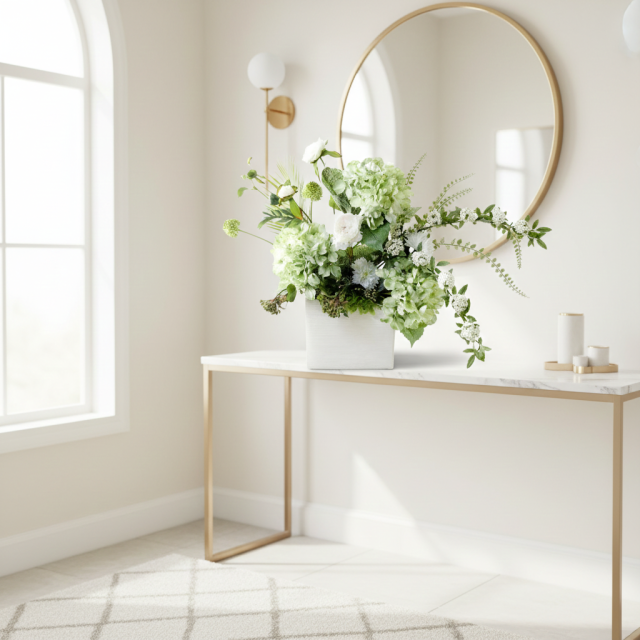 【造花・和モダン・和風アレンジメント】紫陽花と小手毬のジャパニーズモダンアレンジメント