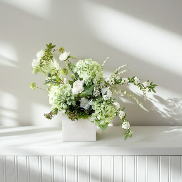 【造花・和モダン・和風アレンジメント】紫陽花と小手毬のジャパニーズモダンアレンジメント