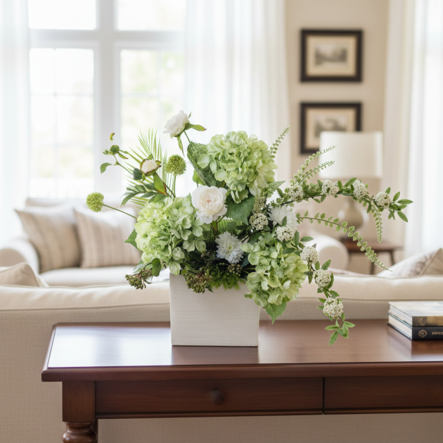 【造花・和モダン・和風アレンジメント】紫陽花と小手毬のジャパニーズモダンアレンジメント