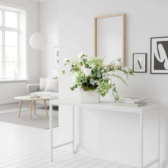 【造花・和モダン・和風アレンジメント】紫陽花と小手毬のジャパニーズモダンアレンジメント