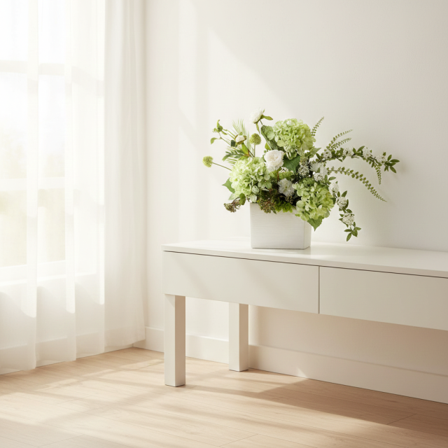 【造花・和モダン・和風アレンジメント】紫陽花と小手毬のジャパニーズモダンアレンジメント