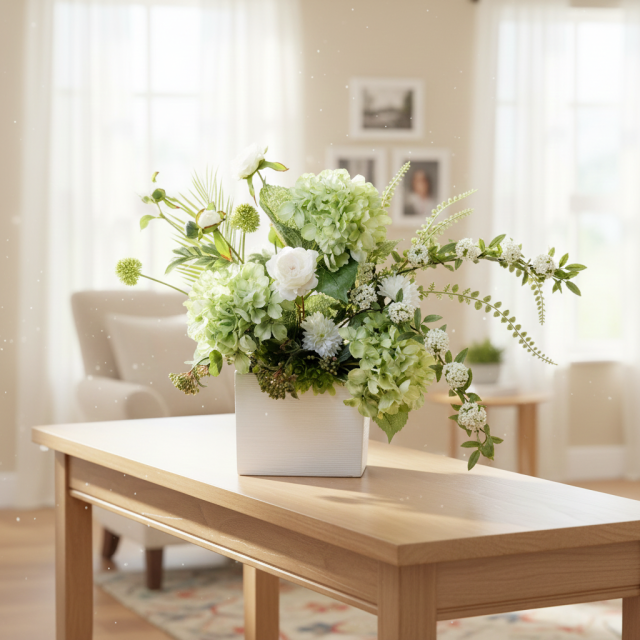 【造花・和モダン・和風アレンジメント】紫陽花と小手毬のジャパニーズモダンアレンジメント