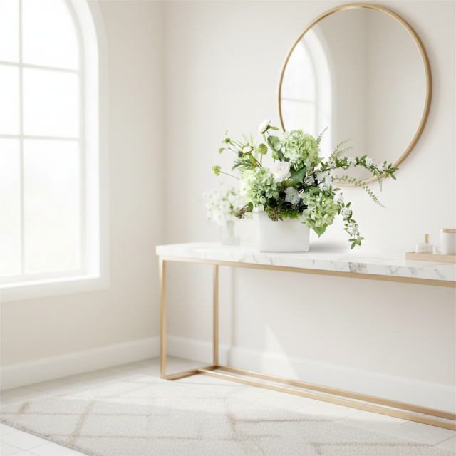 【造花・和モダン・和風アレンジメント】紫陽花と小手毬のジャパニーズモダンアレンジメント