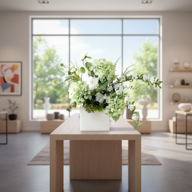 【造花・和モダン・和風アレンジメント】紫陽花と小手毬のジャパニーズモダンアレンジメント