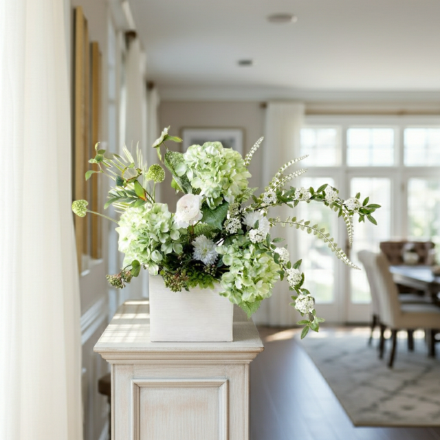 【造花・和モダン・和風アレンジメント】紫陽花と小手毬のジャパニーズモダンアレンジメント