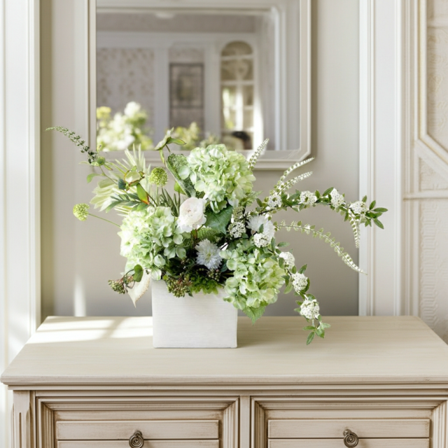 【造花・和モダン・和風アレンジメント】紫陽花と小手毬のジャパニーズモダンアレンジメント