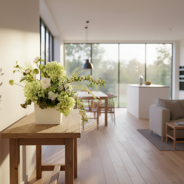 【造花・和モダン・和風アレンジメント】紫陽花と小手毬のジャパニーズモダンアレンジメント